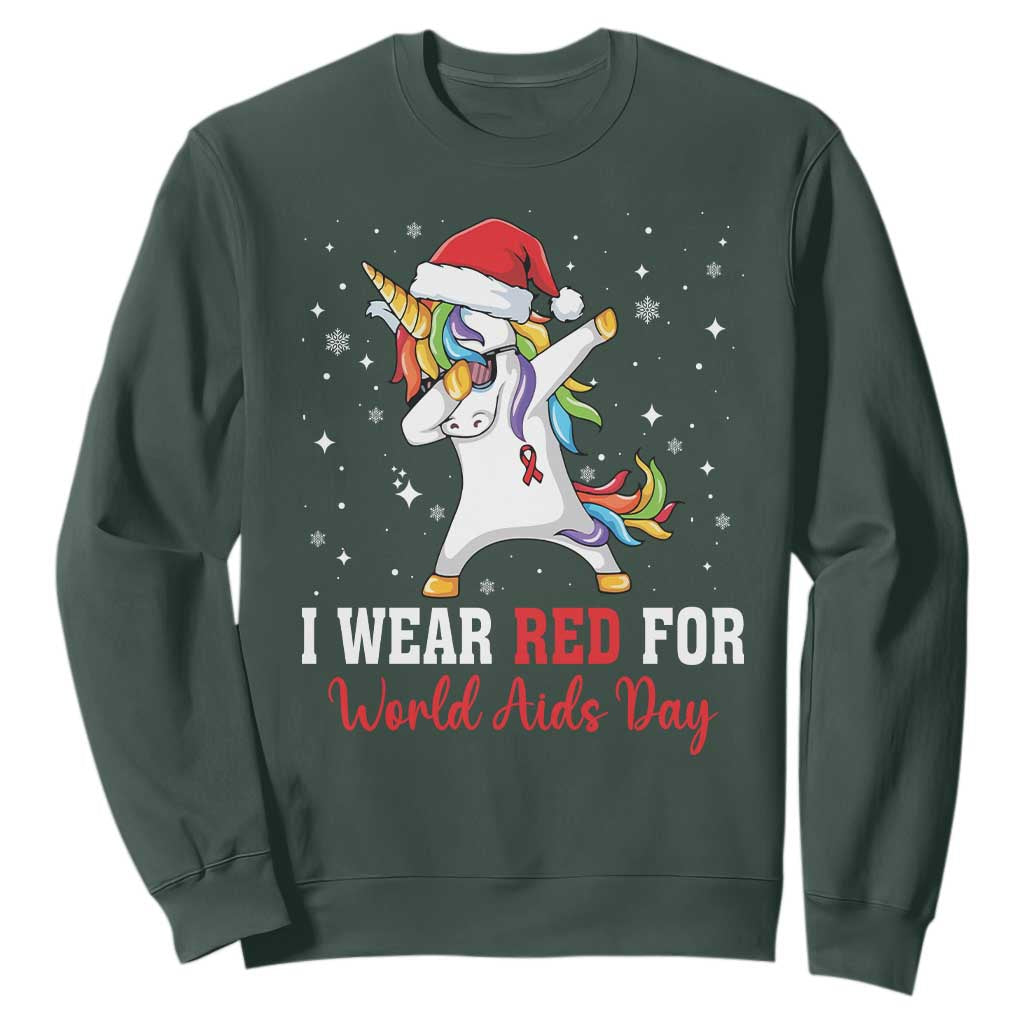 I Wear Red For World AIDS Day Sweatshirt Santa Unicorn Dabbing Christmas Gift