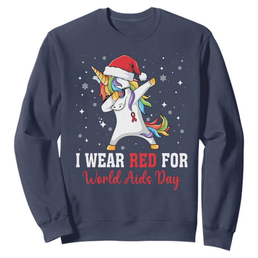 I Wear Red For World AIDS Day Sweatshirt Santa Unicorn Dabbing Christmas Gift