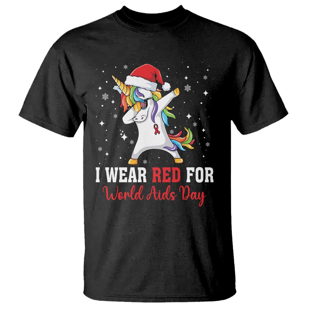 I Wear Red For World AIDS Day T Shirt Santa Unicorn Dabbing Christmas Gift