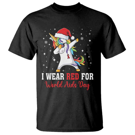 I Wear Red For World AIDS Day T Shirt Santa Unicorn Dabbing Christmas Gift