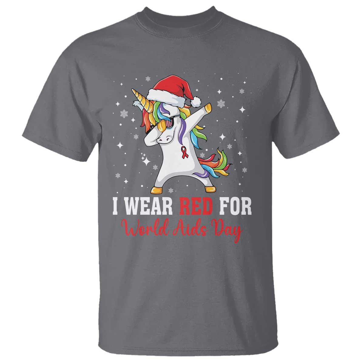I Wear Red For World AIDS Day T Shirt Santa Unicorn Dabbing Christmas Gift