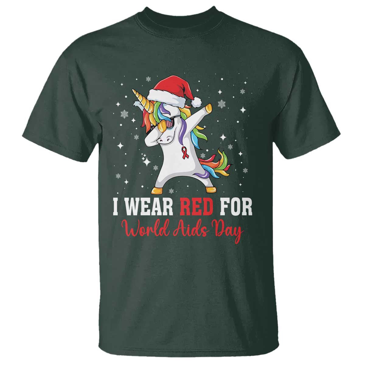 I Wear Red For World AIDS Day T Shirt Santa Unicorn Dabbing Christmas Gift