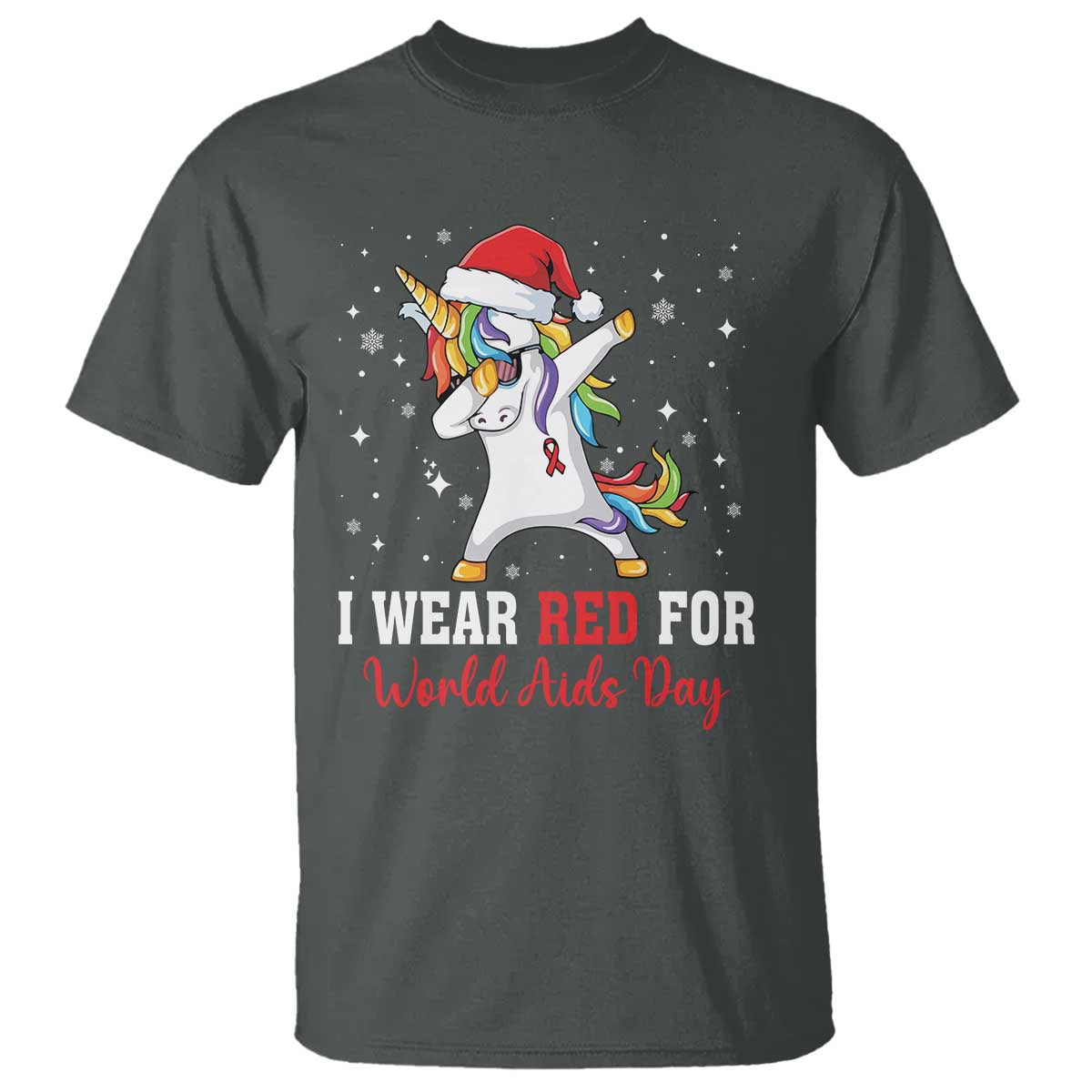 I Wear Red For World AIDS Day T Shirt Santa Unicorn Dabbing Christmas Gift