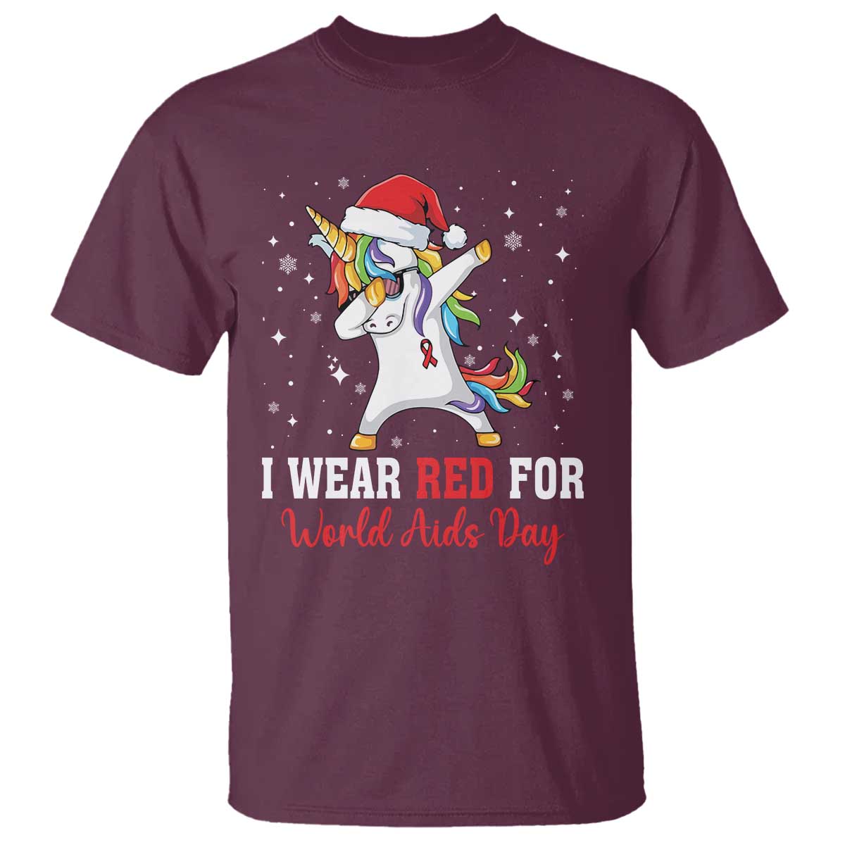 I Wear Red For World AIDS Day T Shirt Santa Unicorn Dabbing Christmas Gift