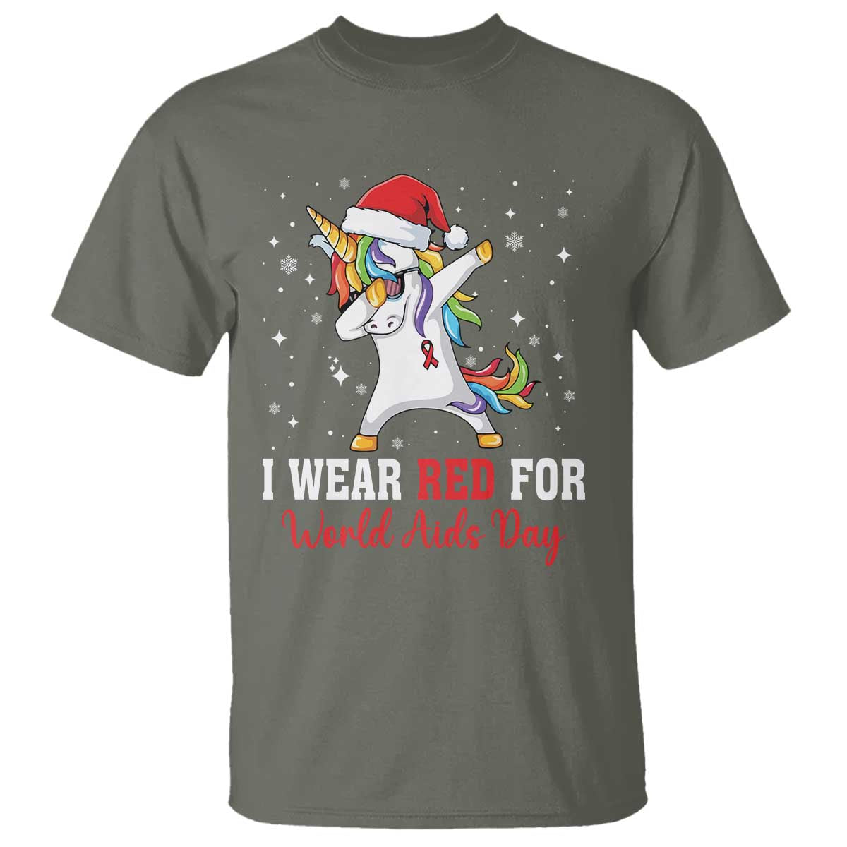 I Wear Red For World AIDS Day T Shirt Santa Unicorn Dabbing Christmas Gift