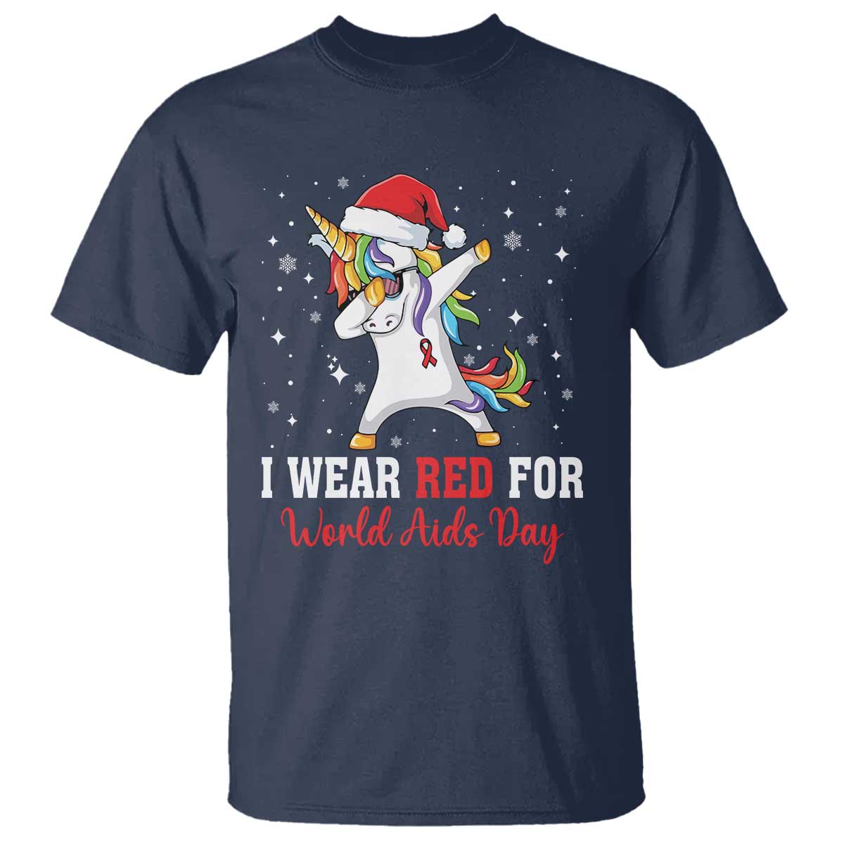 I Wear Red For World AIDS Day T Shirt Santa Unicorn Dabbing Christmas Gift