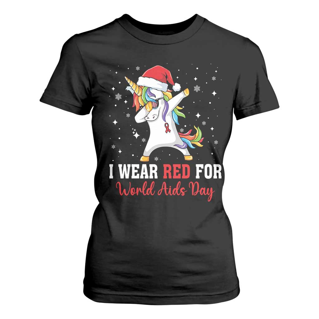 I Wear Red For World AIDS Day T Shirt For Women Santa Unicorn Dabbing Christmas Gift