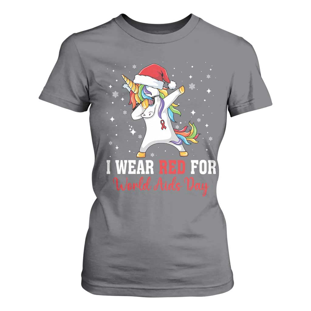 I Wear Red For World AIDS Day T Shirt For Women Santa Unicorn Dabbing Christmas Gift