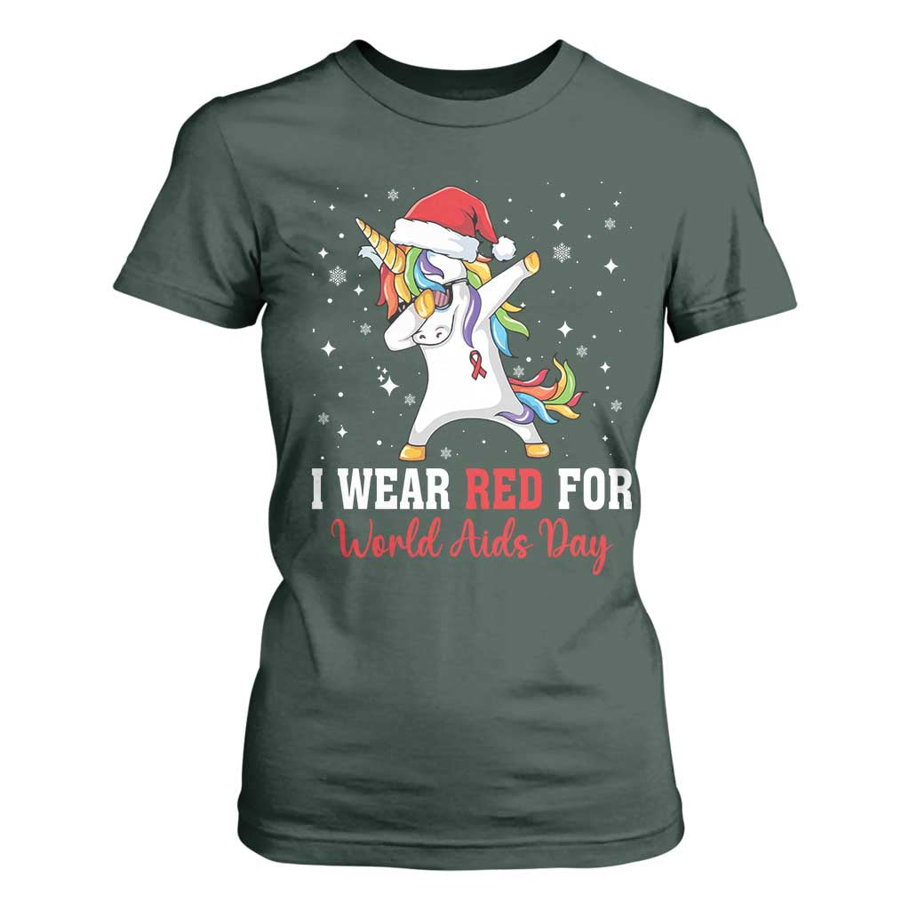 I Wear Red For World AIDS Day T Shirt For Women Santa Unicorn Dabbing Christmas Gift