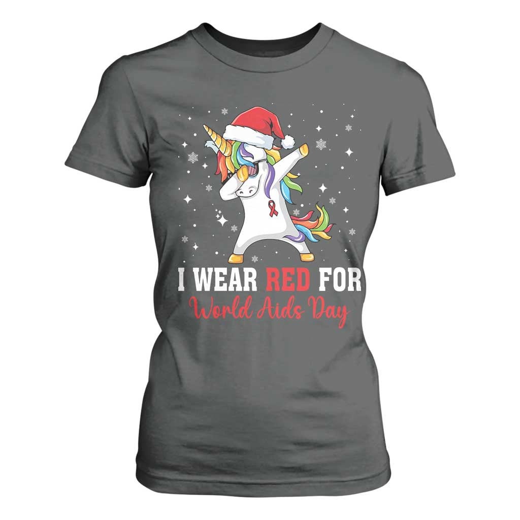 I Wear Red For World AIDS Day T Shirt For Women Santa Unicorn Dabbing Christmas Gift