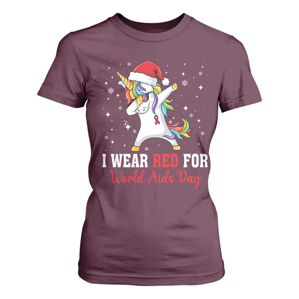 I Wear Red For World AIDS Day T Shirt For Women Santa Unicorn Dabbing Christmas Gift