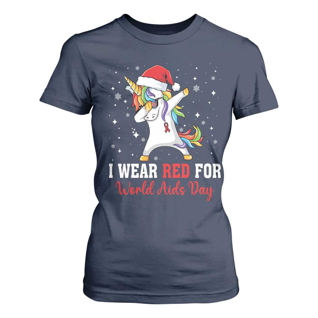 I Wear Red For World AIDS Day T Shirt For Women Santa Unicorn Dabbing Christmas Gift