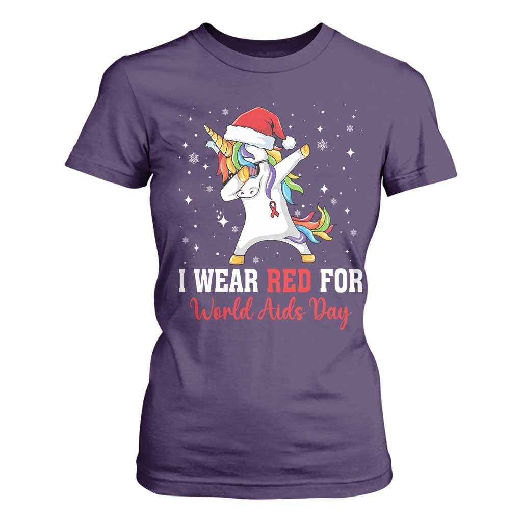 I Wear Red For World AIDS Day T Shirt For Women Santa Unicorn Dabbing Christmas Gift