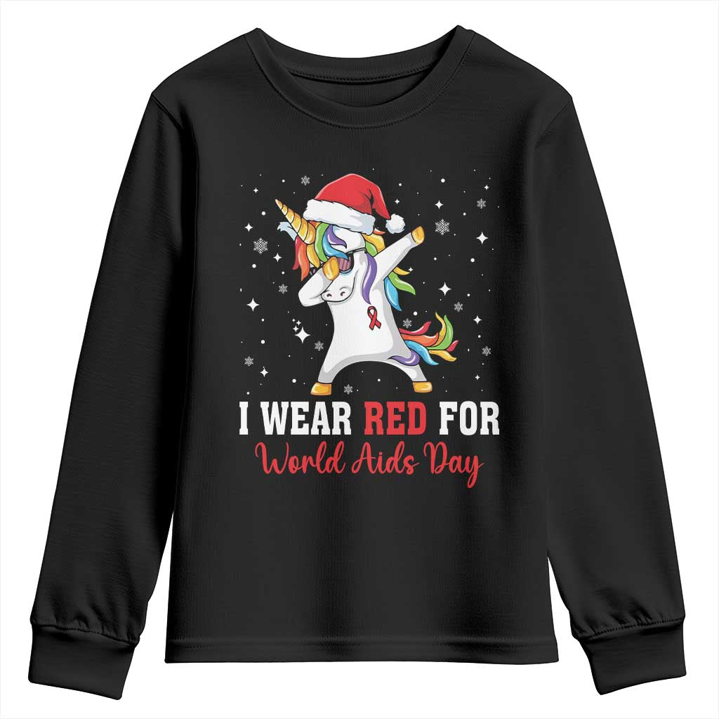 I Wear Red For World AIDS Day Youth Sweatshirt Santa Unicorn Dabbing Christmas Gift