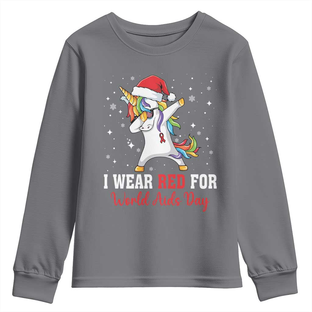 I Wear Red For World AIDS Day Youth Sweatshirt Santa Unicorn Dabbing Christmas Gift