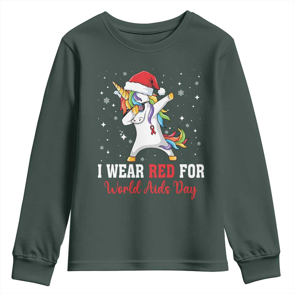 I Wear Red For World AIDS Day Youth Sweatshirt Santa Unicorn Dabbing Christmas Gift