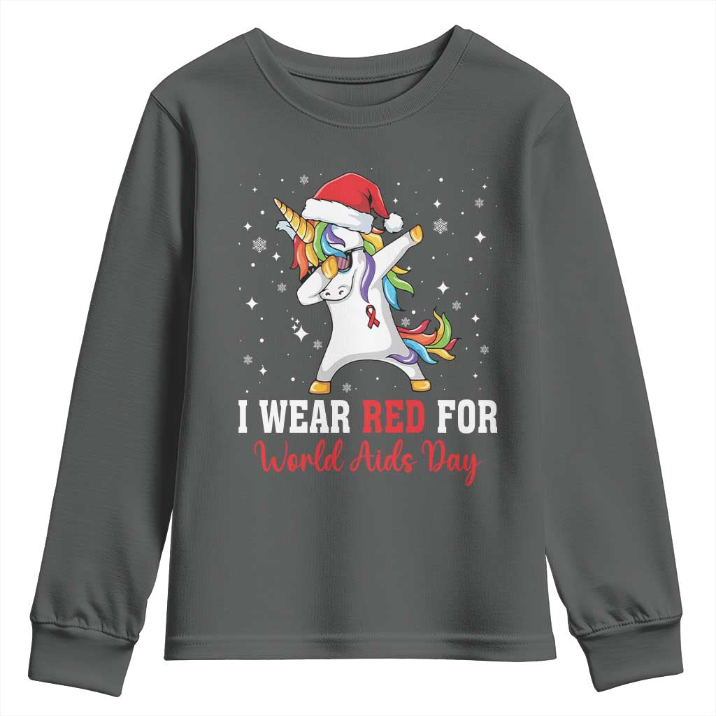 I Wear Red For World AIDS Day Youth Sweatshirt Santa Unicorn Dabbing Christmas Gift