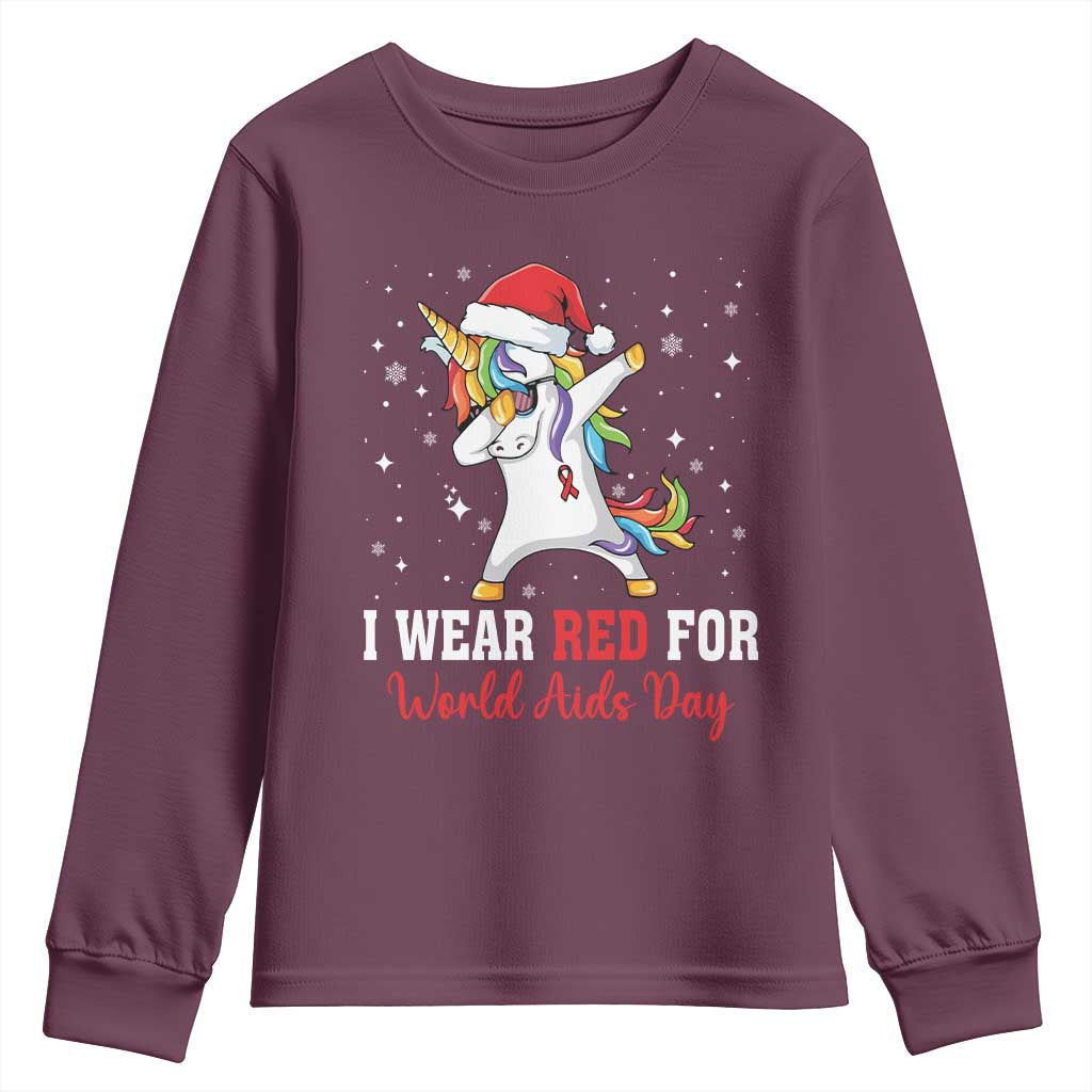 I Wear Red For World AIDS Day Youth Sweatshirt Santa Unicorn Dabbing Christmas Gift
