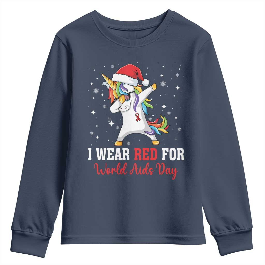I Wear Red For World AIDS Day Youth Sweatshirt Santa Unicorn Dabbing Christmas Gift