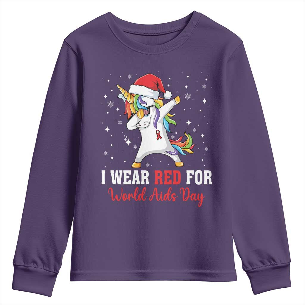 I Wear Red For World AIDS Day Youth Sweatshirt Santa Unicorn Dabbing Christmas Gift