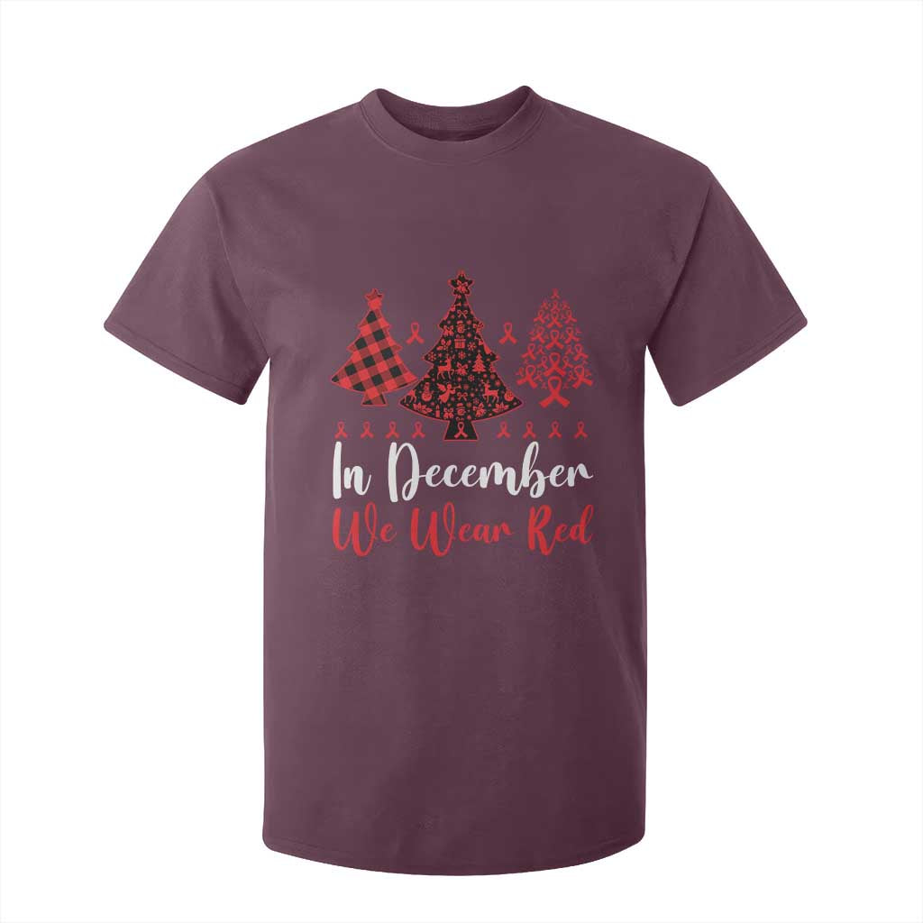 In December We Wear Red T Shirt For Kid HIV Support Christmas Ribbon Tree Gift