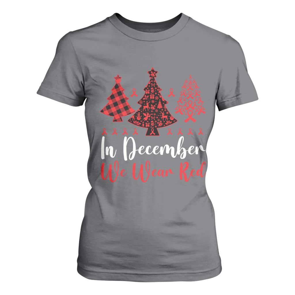 In December We Wear Red T Shirt For Women HIV Support Christmas Ribbon Tree Gift