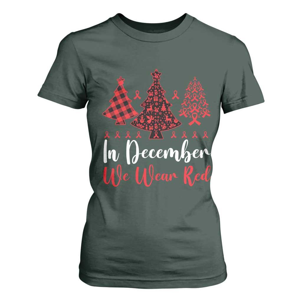 In December We Wear Red T Shirt For Women HIV Support Christmas Ribbon Tree Gift