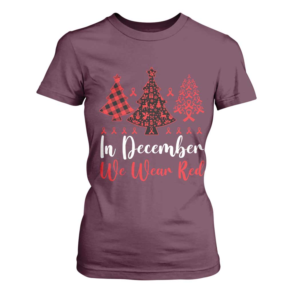 In December We Wear Red T Shirt For Women HIV Support Christmas Ribbon Tree Gift