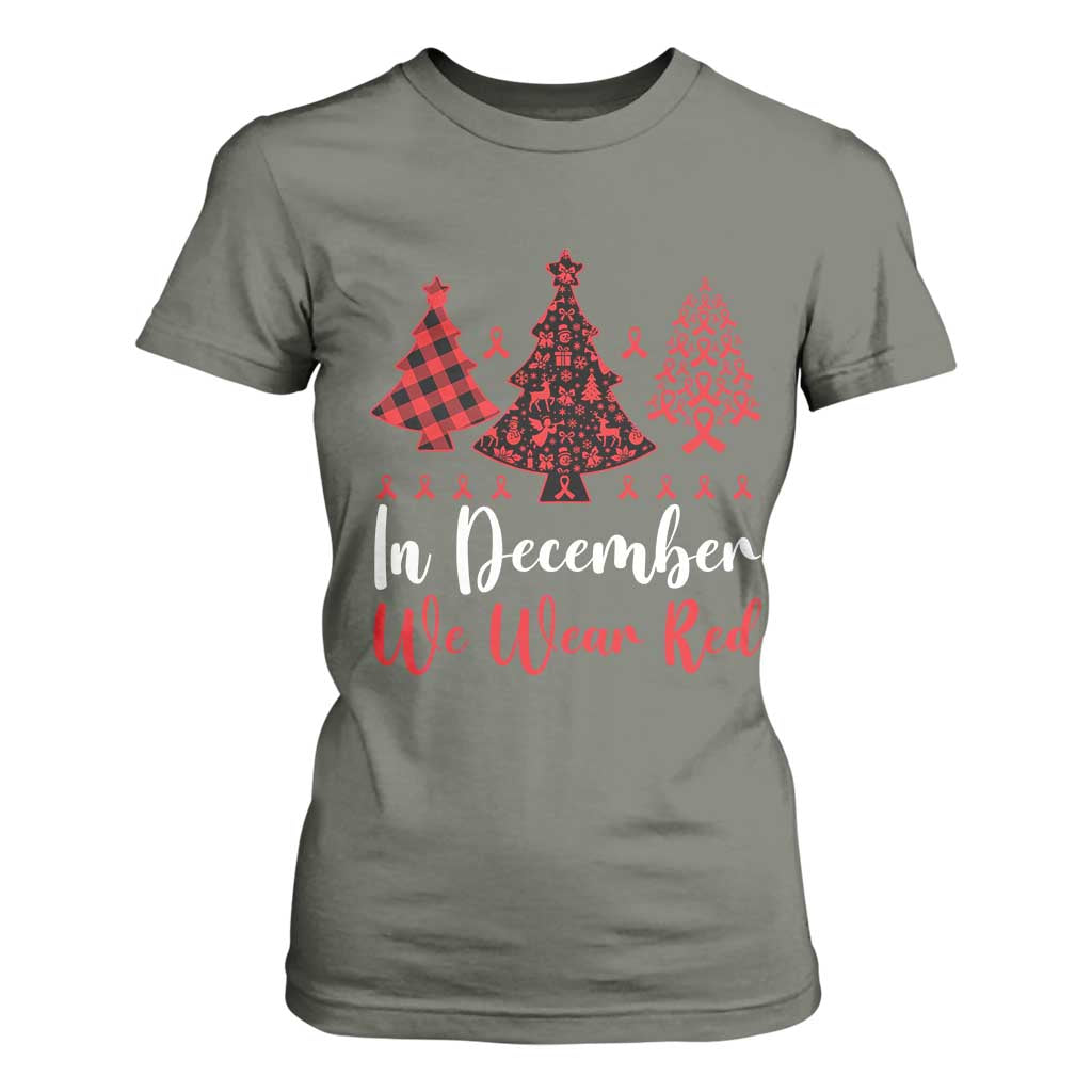 In December We Wear Red T Shirt For Women HIV Support Christmas Ribbon Tree Gift