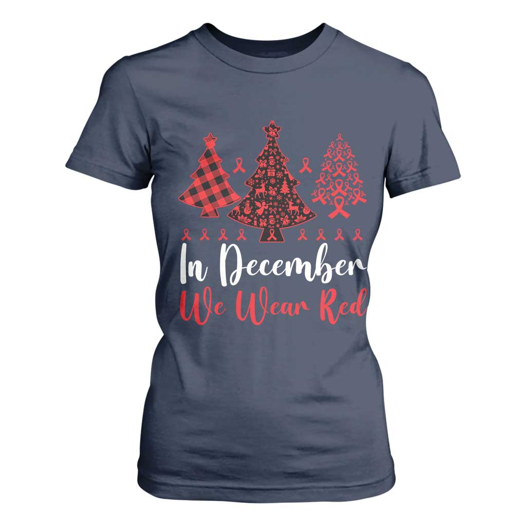 In December We Wear Red T Shirt For Women HIV Support Christmas Ribbon Tree Gift