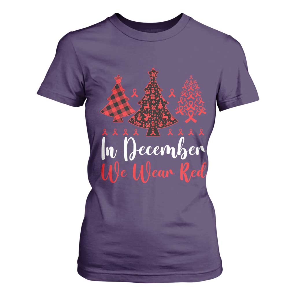 In December We Wear Red T Shirt For Women HIV Support Christmas Ribbon Tree Gift