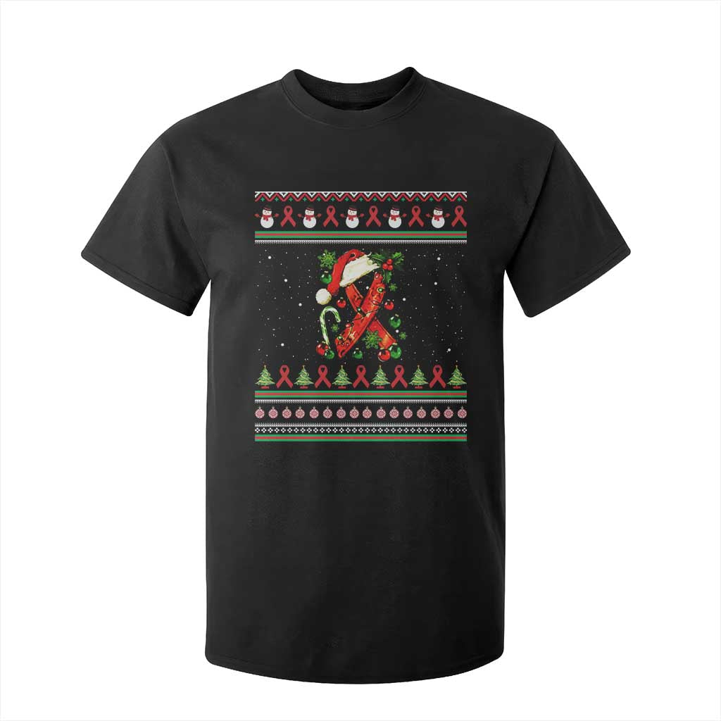 Santa Red Ribbon HIV Support T Shirt For Kid Ugly Sweater Christmas Gift