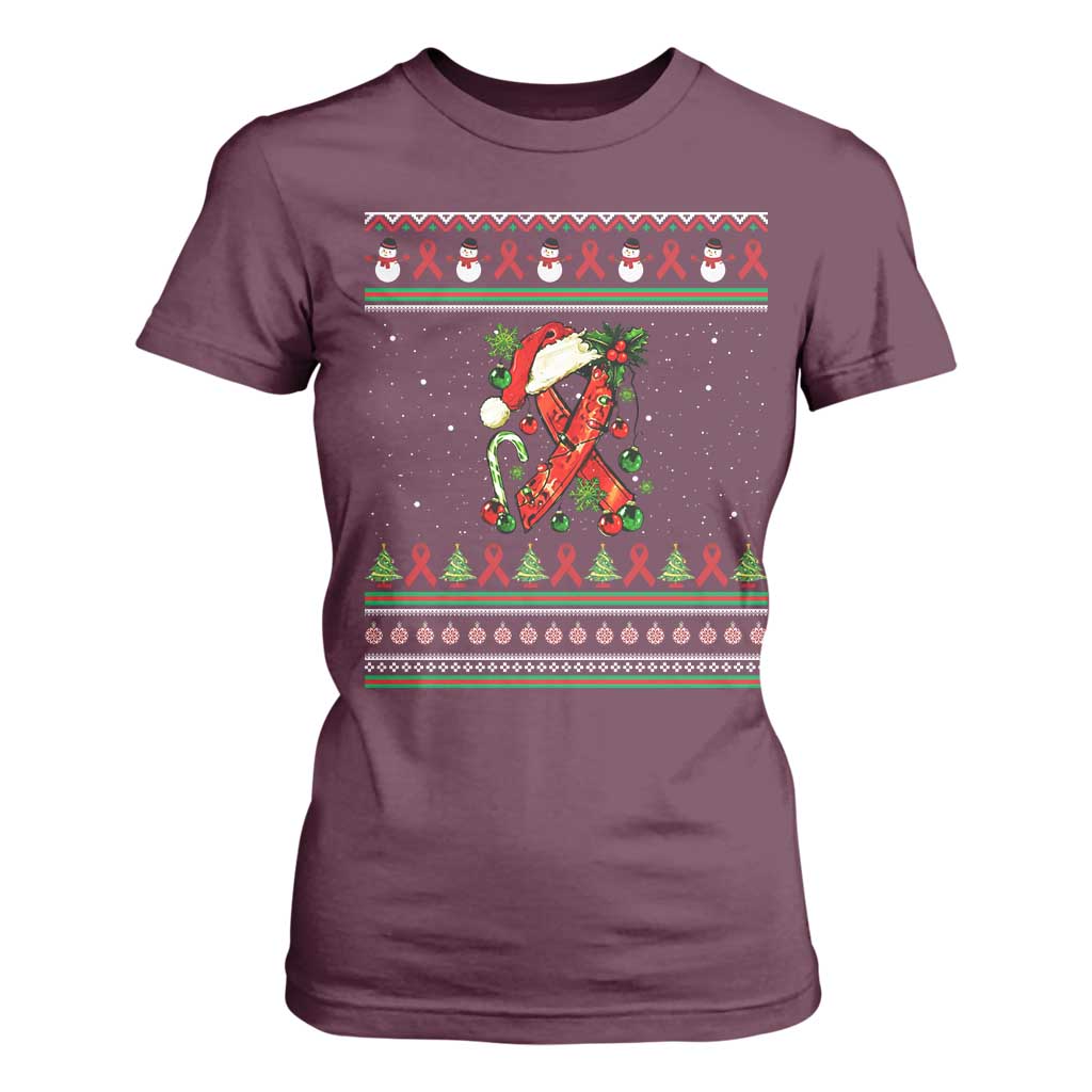 Santa Red Ribbon HIV Support T Shirt For Women Ugly Sweater Christmas Gift