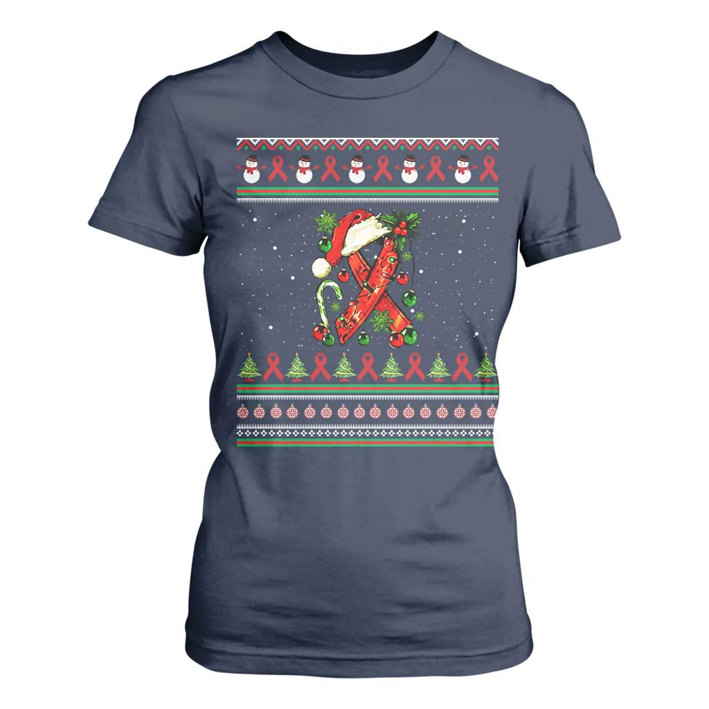 Santa Red Ribbon HIV Support T Shirt For Women Ugly Sweater Christmas Gift
