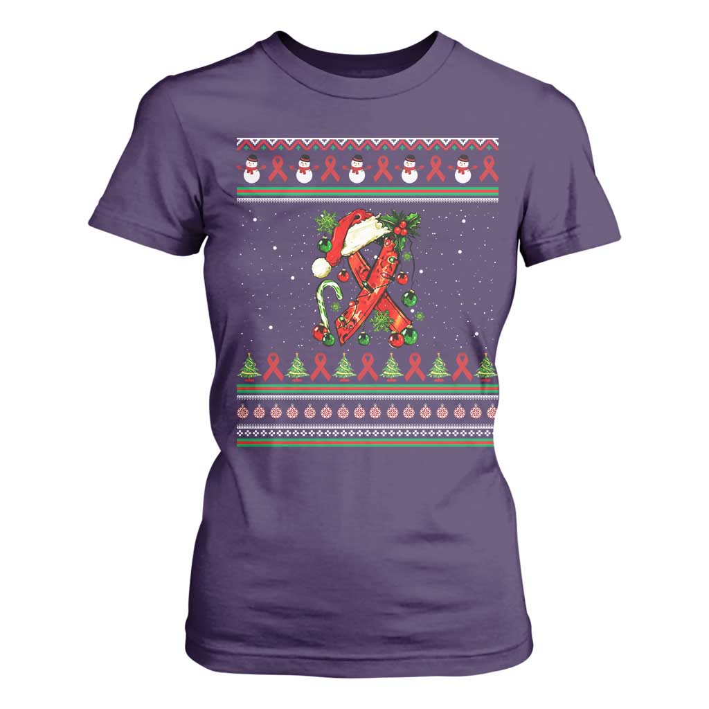 Santa Red Ribbon HIV Support T Shirt For Women Ugly Sweater Christmas Gift