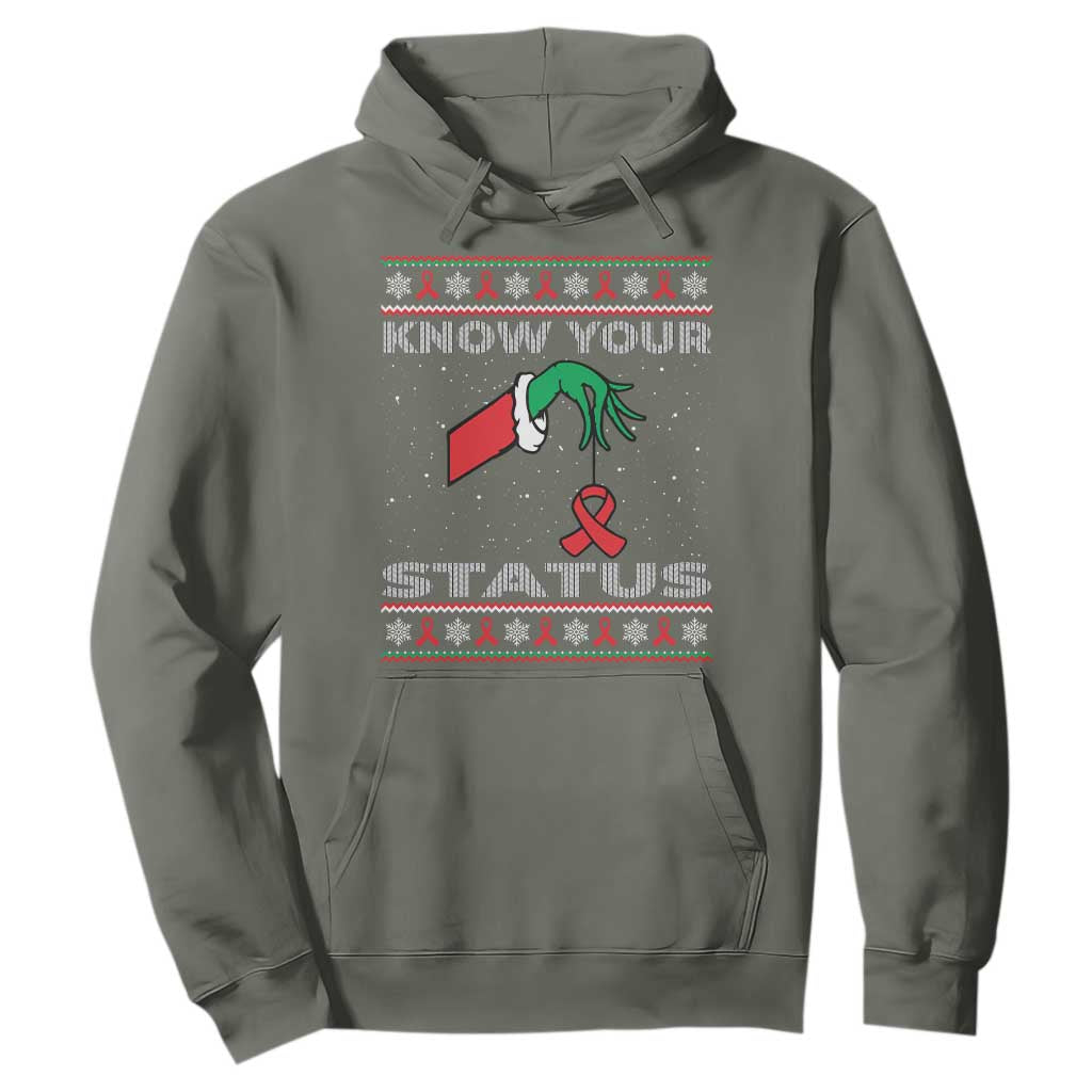 Funny Know Your Status Green Hand Hoodie Red Ribbon HIV Ugly Sweater Gift