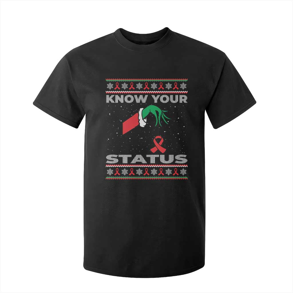 Funny Know Your Status Green Hand T Shirt For Kid Red Ribbon HIV Ugly Sweater Gift