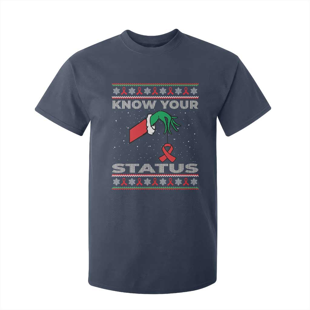 Funny Know Your Status Green Hand T Shirt For Kid Red Ribbon HIV Ugly Sweater Gift
