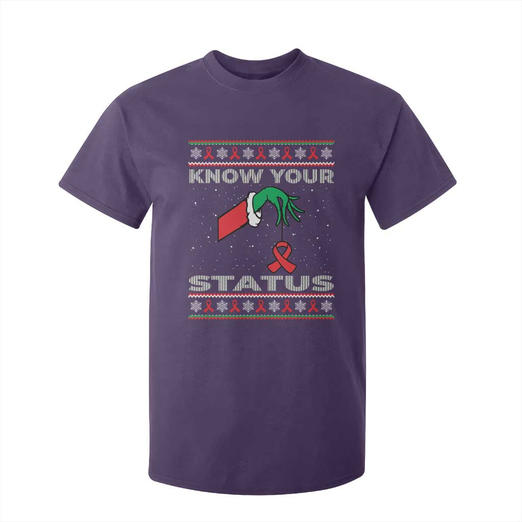 Funny Know Your Status Green Hand T Shirt For Kid Red Ribbon HIV Ugly Sweater Gift