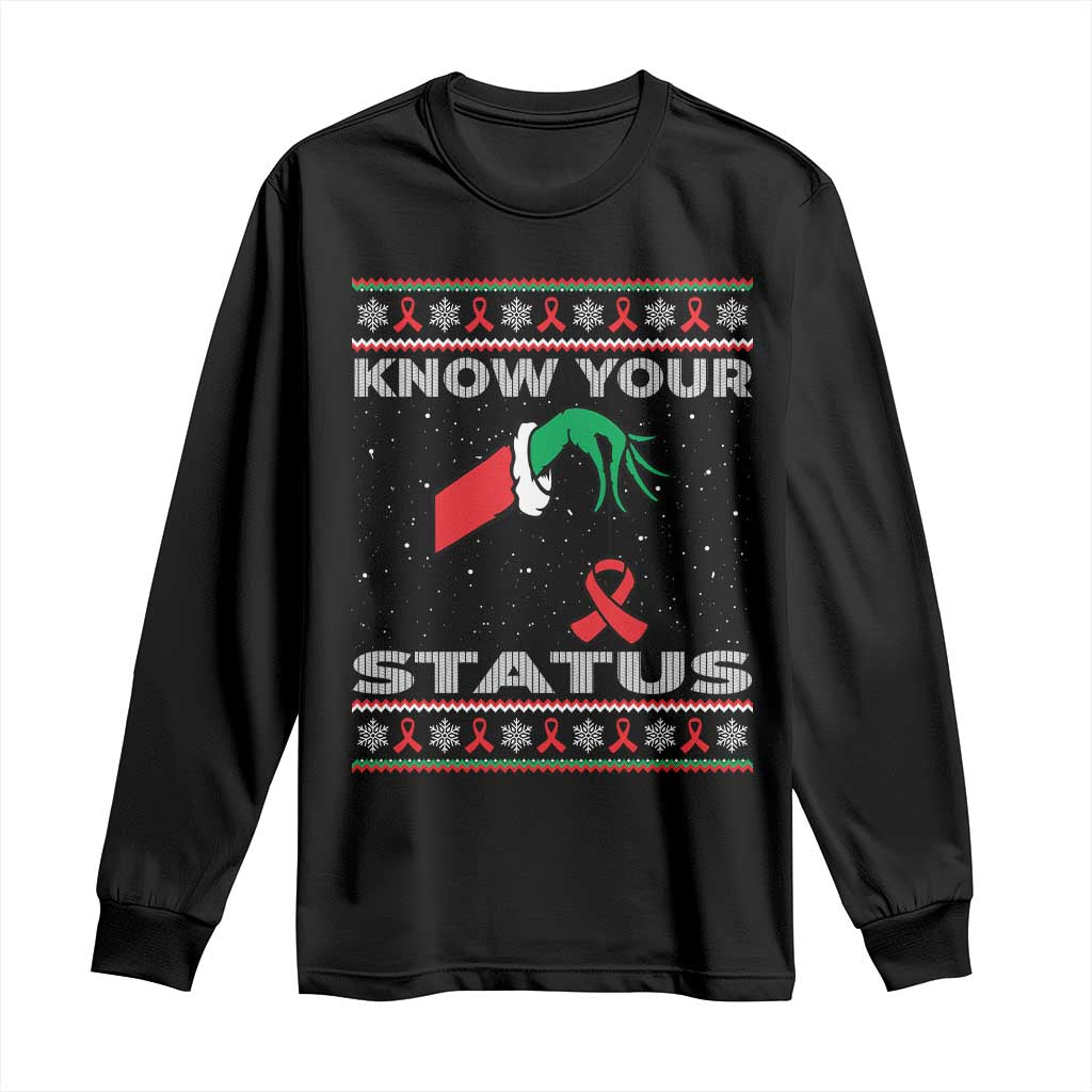 Funny Know Your Status Green Hand Long Sleeve Shirt Red Ribbon HIV Ugly Sweater Gift