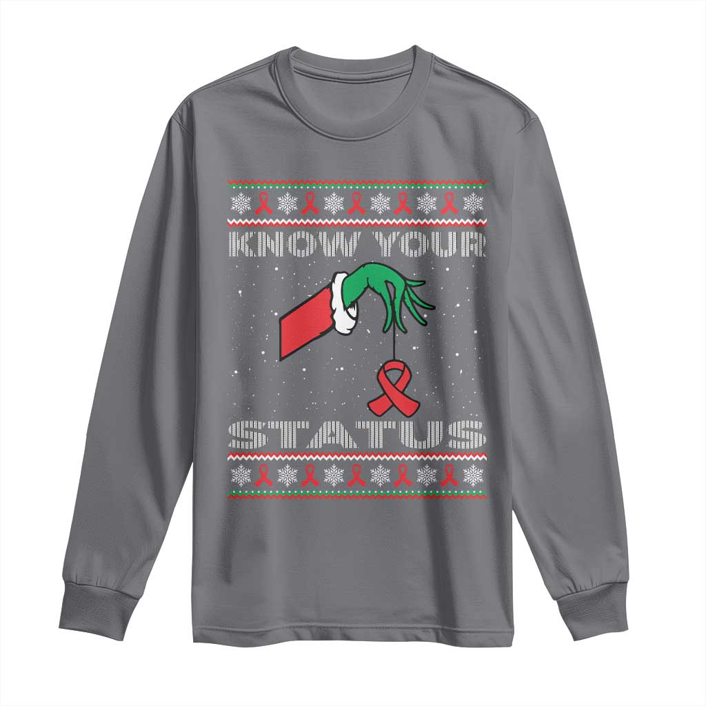 Funny Know Your Status Green Hand Long Sleeve Shirt Red Ribbon HIV Ugly Sweater Gift