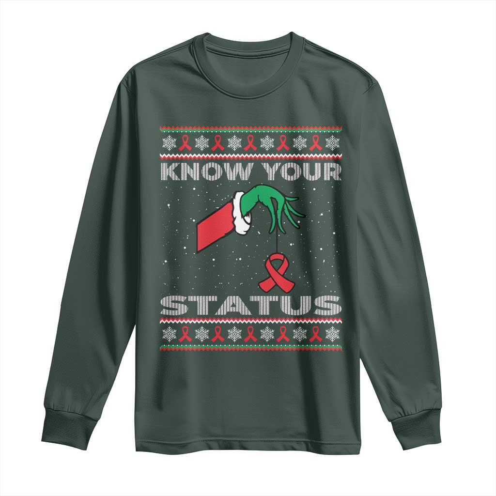 Funny Know Your Status Green Hand Long Sleeve Shirt Red Ribbon HIV Ugly Sweater Gift
