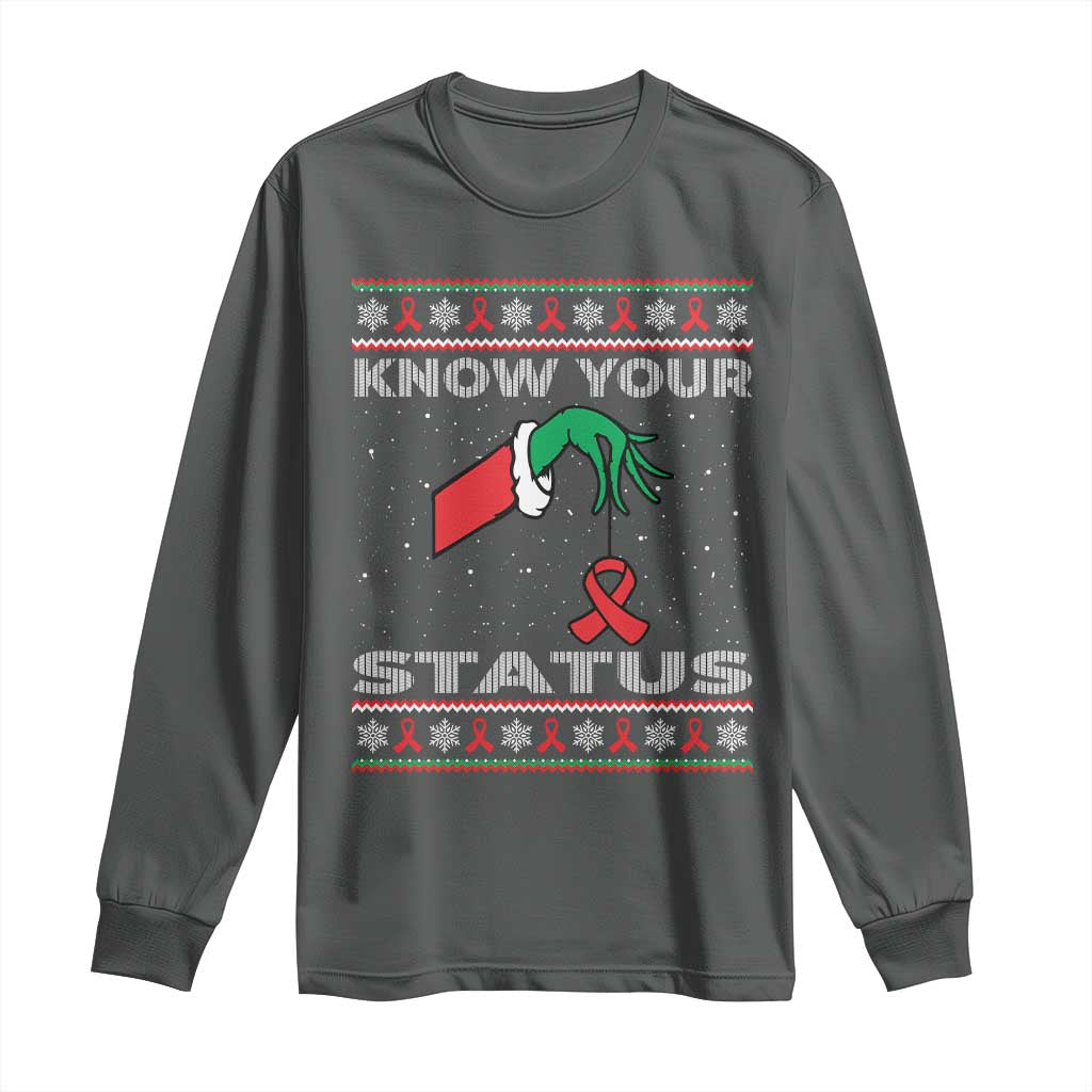 Funny Know Your Status Green Hand Long Sleeve Shirt Red Ribbon HIV Ugly Sweater Gift