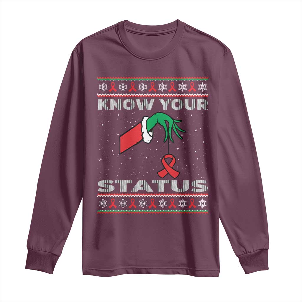 Funny Know Your Status Green Hand Long Sleeve Shirt Red Ribbon HIV Ugly Sweater Gift