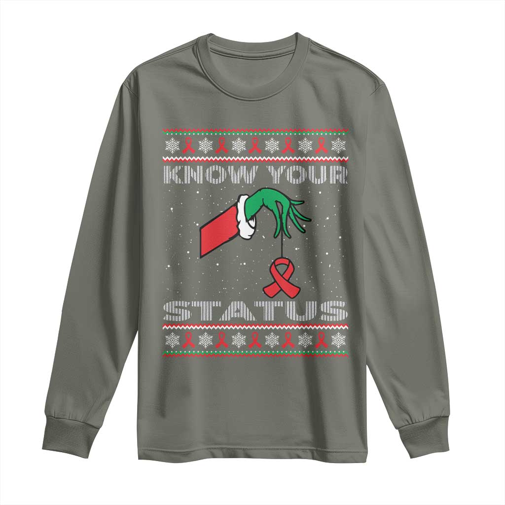 Funny Know Your Status Green Hand Long Sleeve Shirt Red Ribbon HIV Ugly Sweater Gift