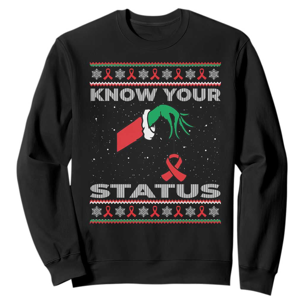 Funny Know Your Status Green Hand Sweatshirt Red Ribbon HIV Ugly Sweater Gift