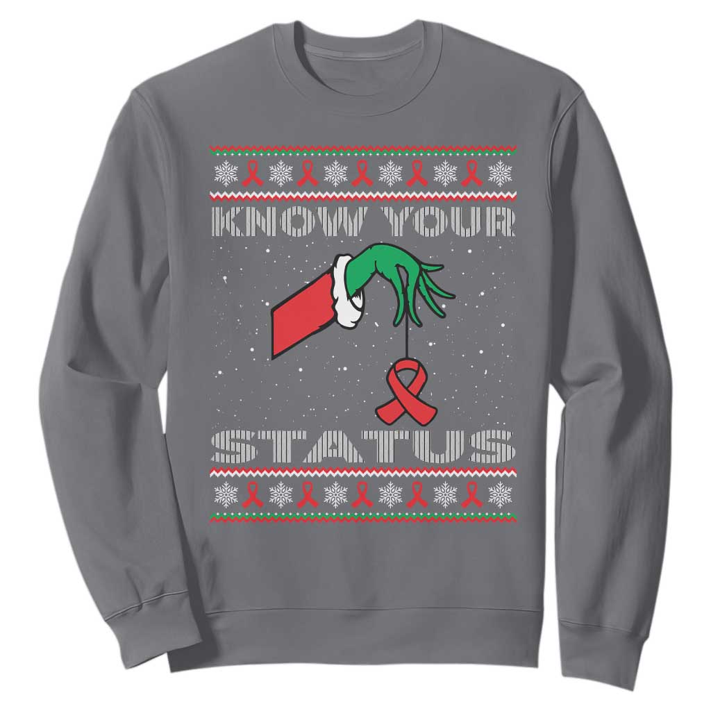 Funny Know Your Status Green Hand Sweatshirt Red Ribbon HIV Ugly Sweater Gift