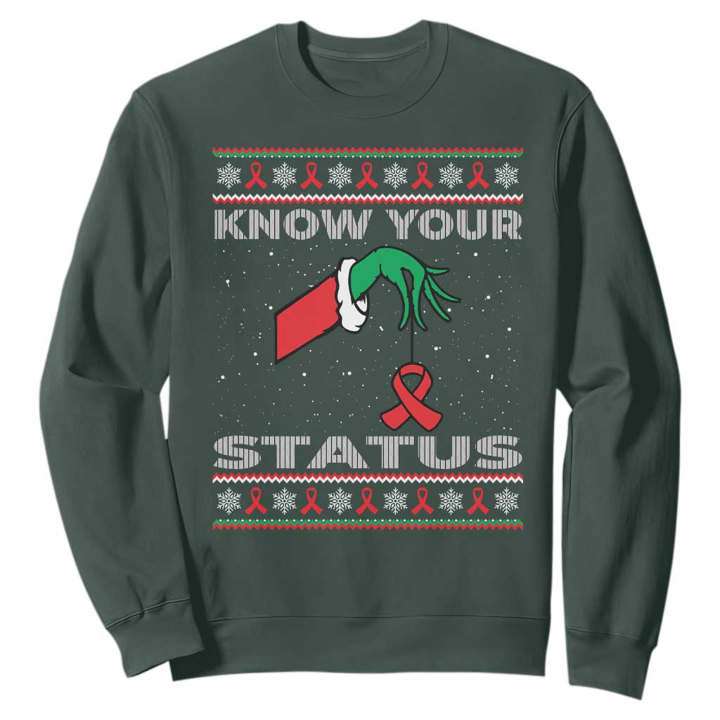 Funny Know Your Status Green Hand Sweatshirt Red Ribbon HIV Ugly Sweater Gift