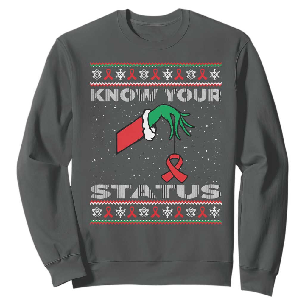 Funny Know Your Status Green Hand Sweatshirt Red Ribbon HIV Ugly Sweater Gift