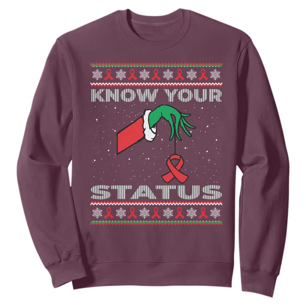 Funny Know Your Status Green Hand Sweatshirt Red Ribbon HIV Ugly Sweater Gift